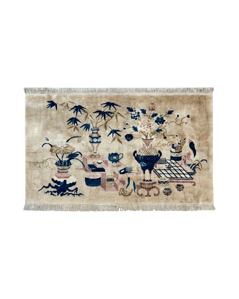 Chinese Rug 5x3, Horizontal Rug, Vases Flowers, Handmade Antique Vintage Carpet, Peking Rug, Chinese Wool Rug by Jewel Rugs