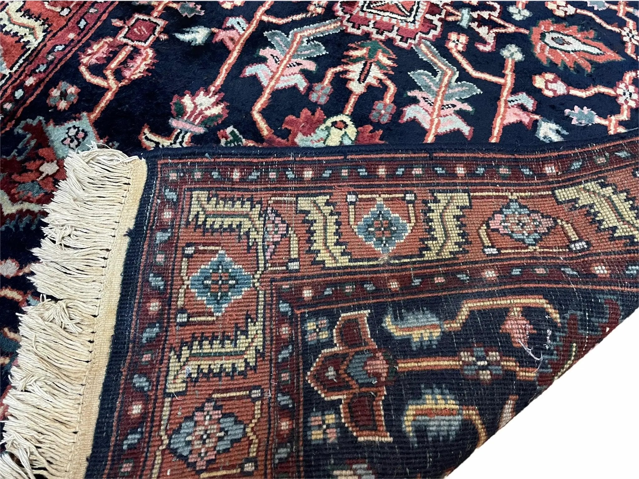 4x6 Vintage Handmade Wool Geometric Rug Organic Dyes Blue Red Hand-Knotted Rug by Jewel Rugs