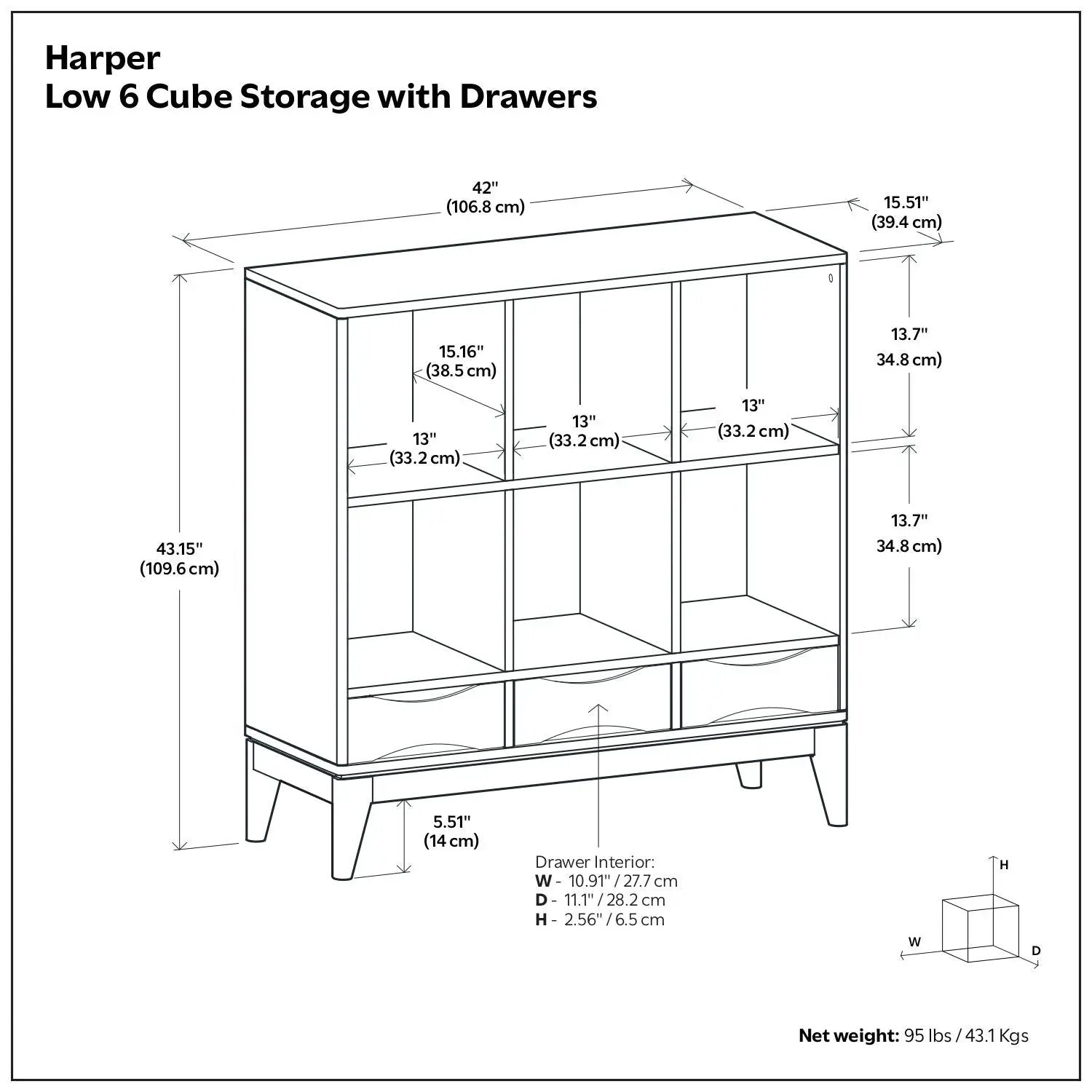 Harper - Low 6 Cube Storage With Drawers - Walnut Brown by Unique Piece Furniture