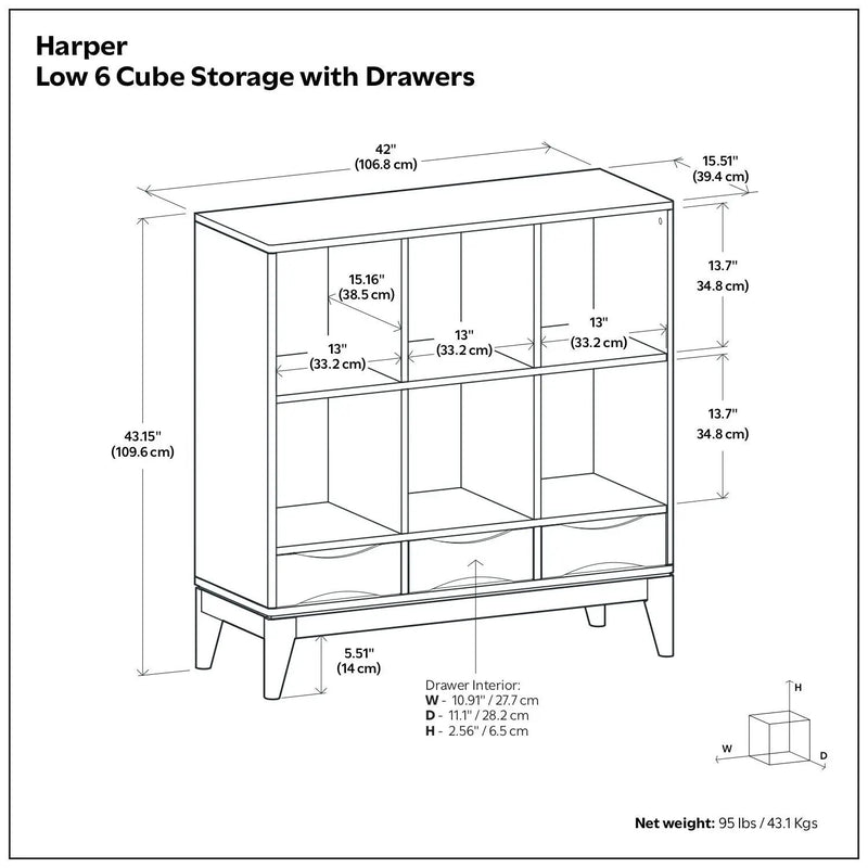 Harper - Low 6 Cube Storage With Drawers - Walnut Brown by Unique Piece Furniture
