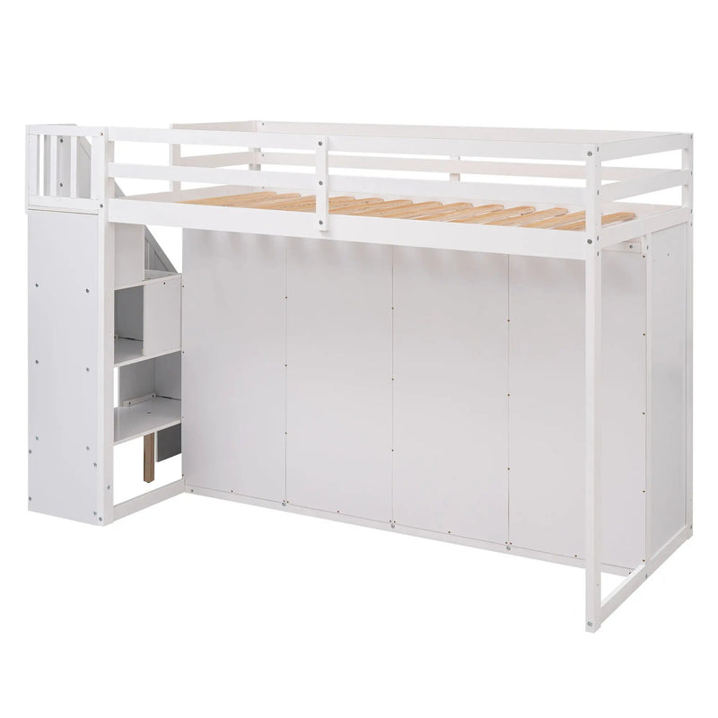 Loft Bed With 3 Shelves, 2 Wardrobes, 2 Drawers, Ladder Storage