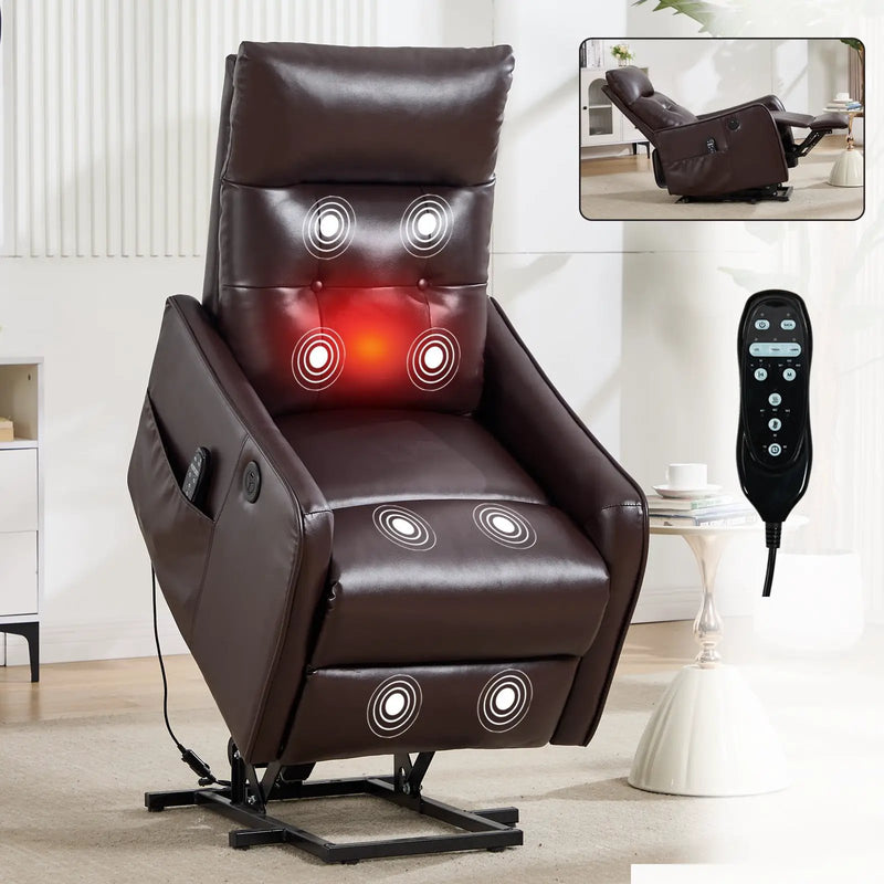 Brown PU Single Motor Power Lift Recliner Chair with Massage & Heat by HouseOfZazla