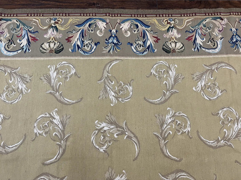 Vintage Aubusson Flatweave Area Rug 9x12, Aubusson Weave, Wool, Beige, Handmade, French European Design, 8'9" x 11'9" by Jewel Rugs
