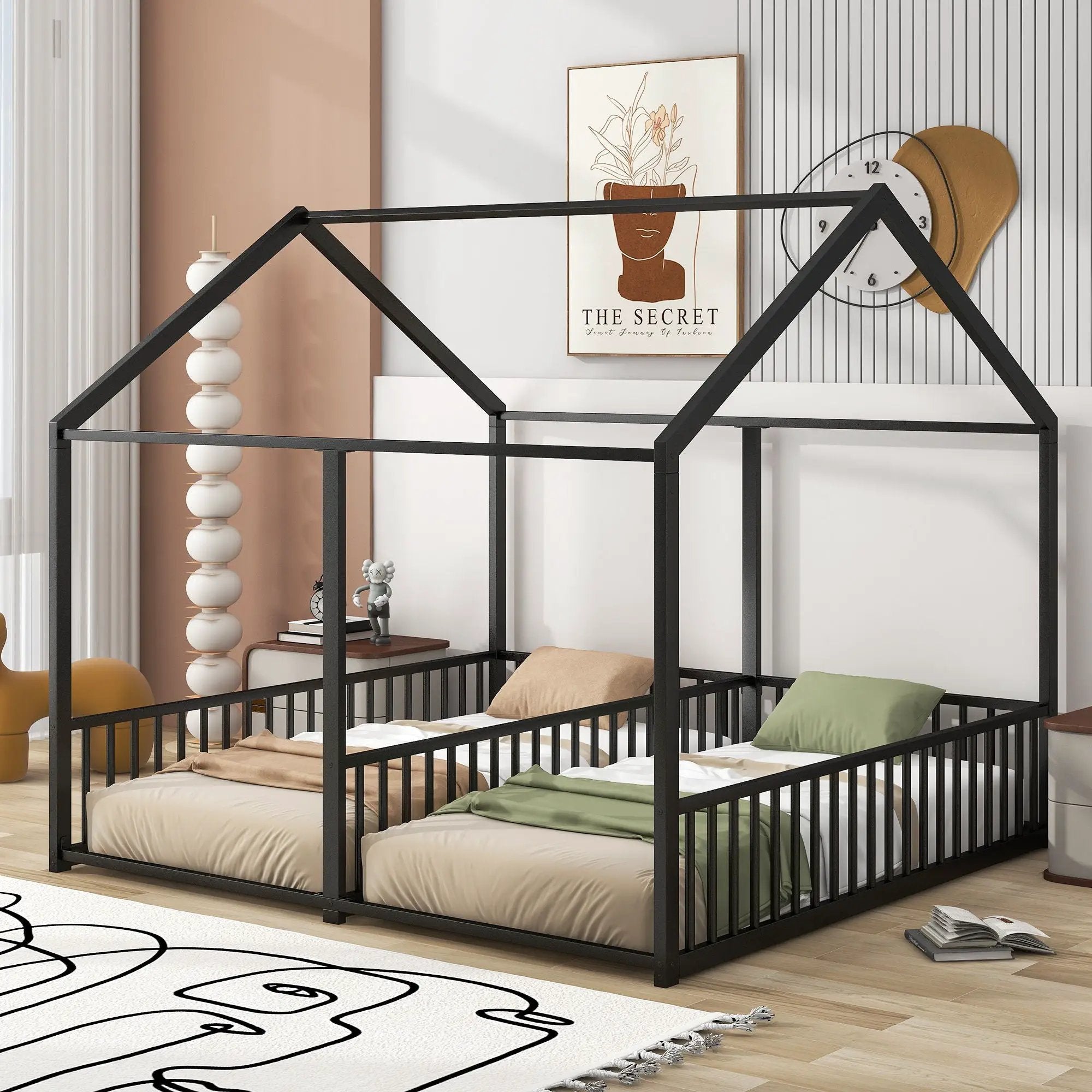 House Platform Beds, 2 Shared Beds, Metal Frame With Guardrails by Unique Piece Furniture
