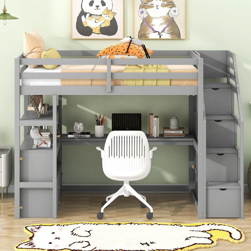 Loft Bed With Desk, Shelves, 2 Drawers, Storage Staircase by Unique Piece Furniture