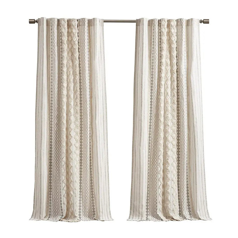Cotton Printed Curtain Panel with Chenille Stripe and Lining Ivory 50x95 by HouseOfZazla