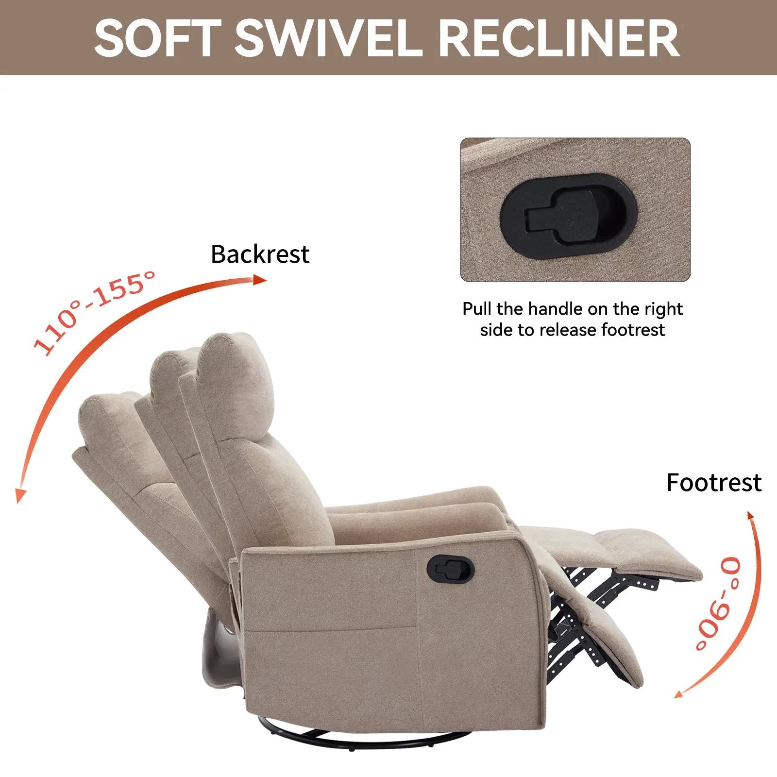 Heat Massage Manual Recliner Chair with Rocker and Swivel in Khaki by HouseOfZazla