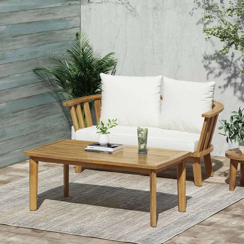 2-Person Outdoor Acacia Wood Patio Seating Group with Cushions and Coffee Table by HouseOfZazla