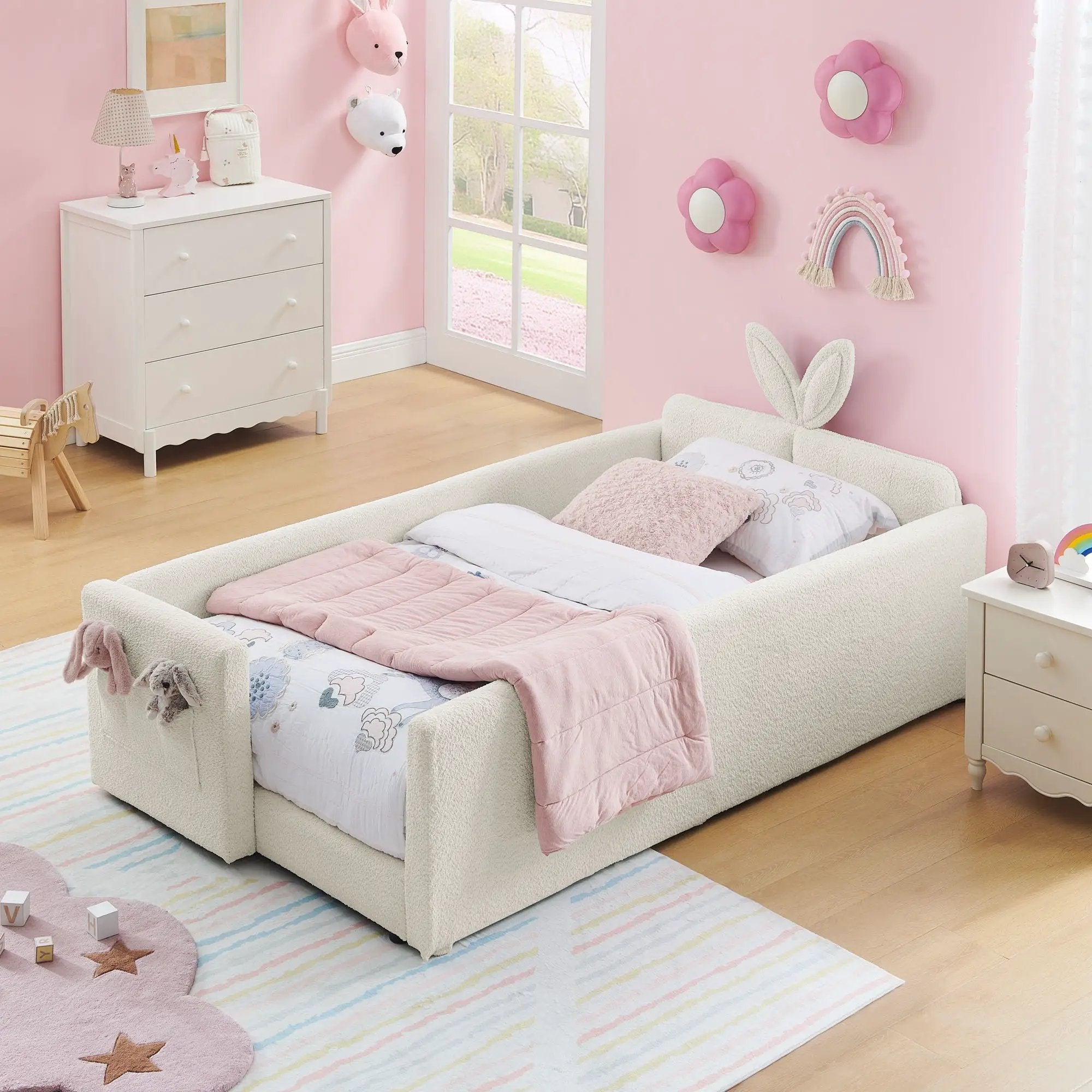 Cute Rabbit Ear Upholstered Platform Bed Frame With Safety Rail by Unique Piece Furniture