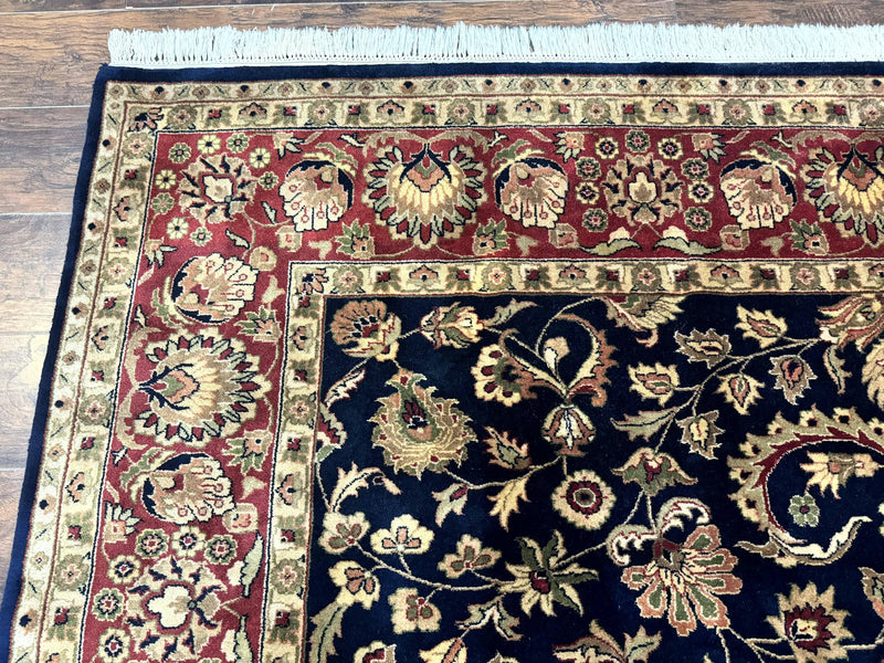 Indo Persian Rug 8x10, Navy Blue and Red, Floral Allover, Hand Knotted Vintage Wool Carpet, Indo Sarouk by Jewel Rugs