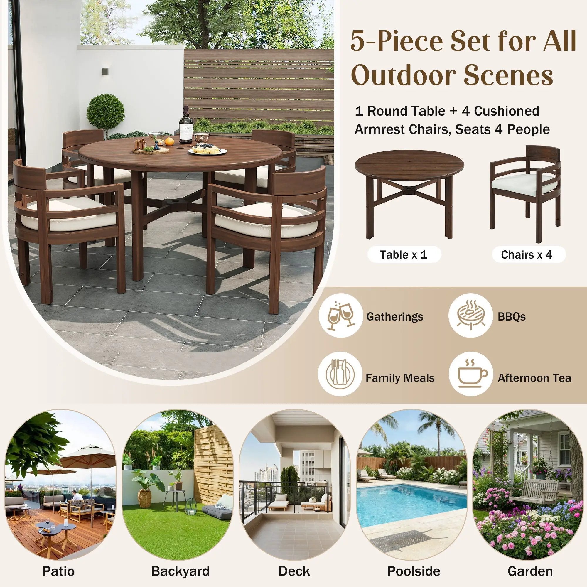 5 Piece Round Patio Table & Cushioned Armrest Chairs, Outdoor Dining Set With Umbrella Hole by HouseOfZazla