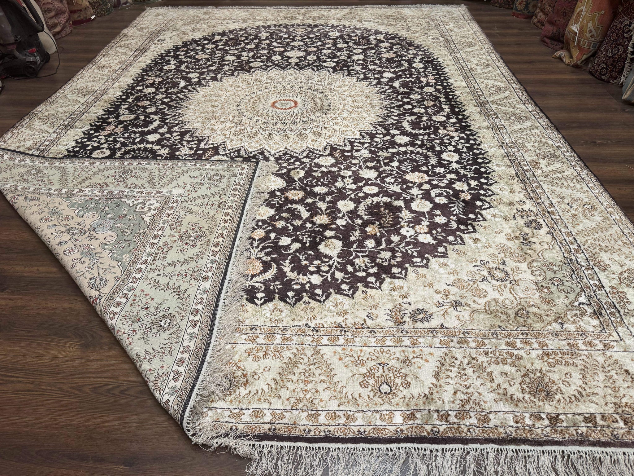 Indian Kashmiri Silk Rug 10x14, Floral Medallion by Jewel Rugs