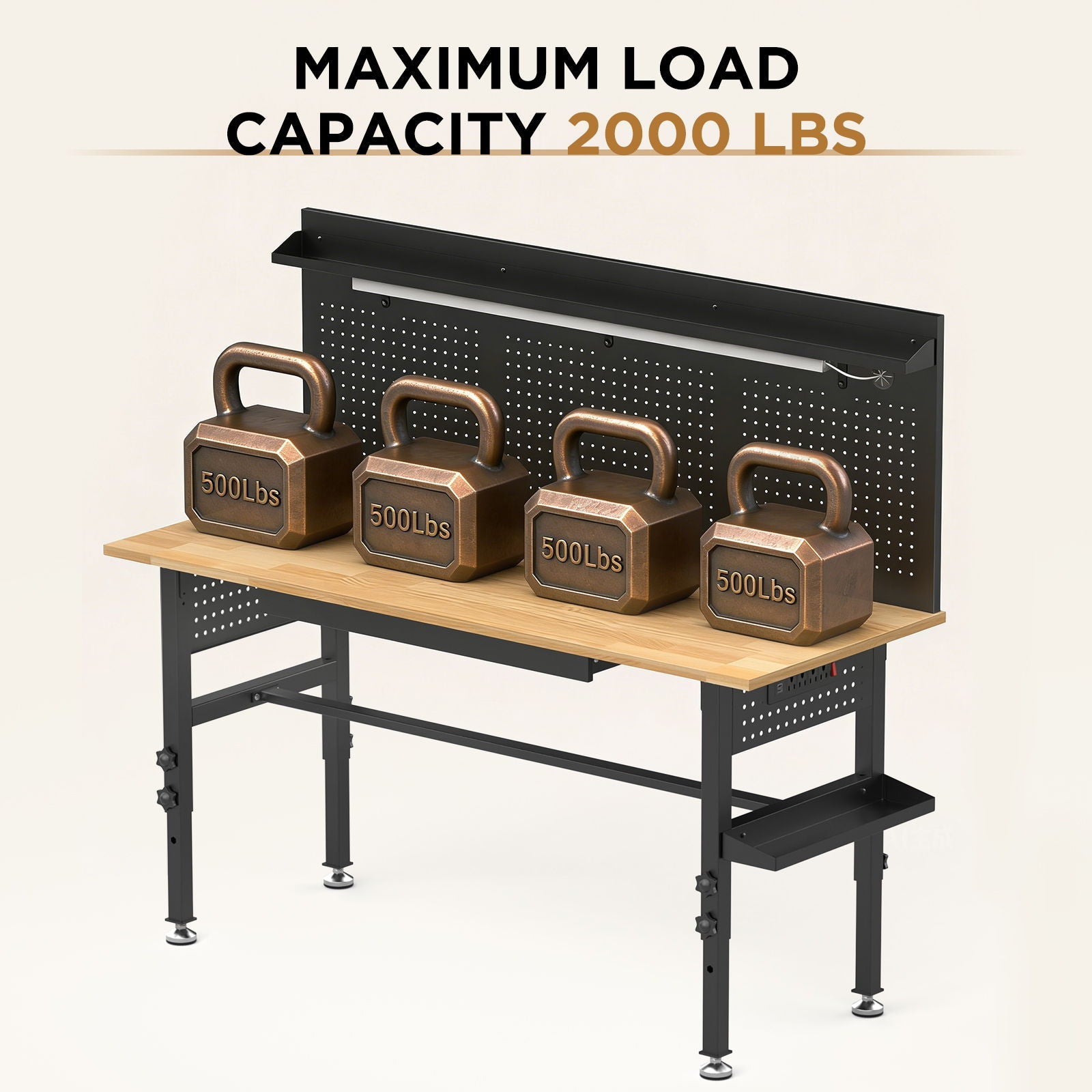 Adjustable Height Workbench, Includes Drawers, Power Outlet, LED Light, Wheels Or Leveling Feet - Black by HouseOfZazla