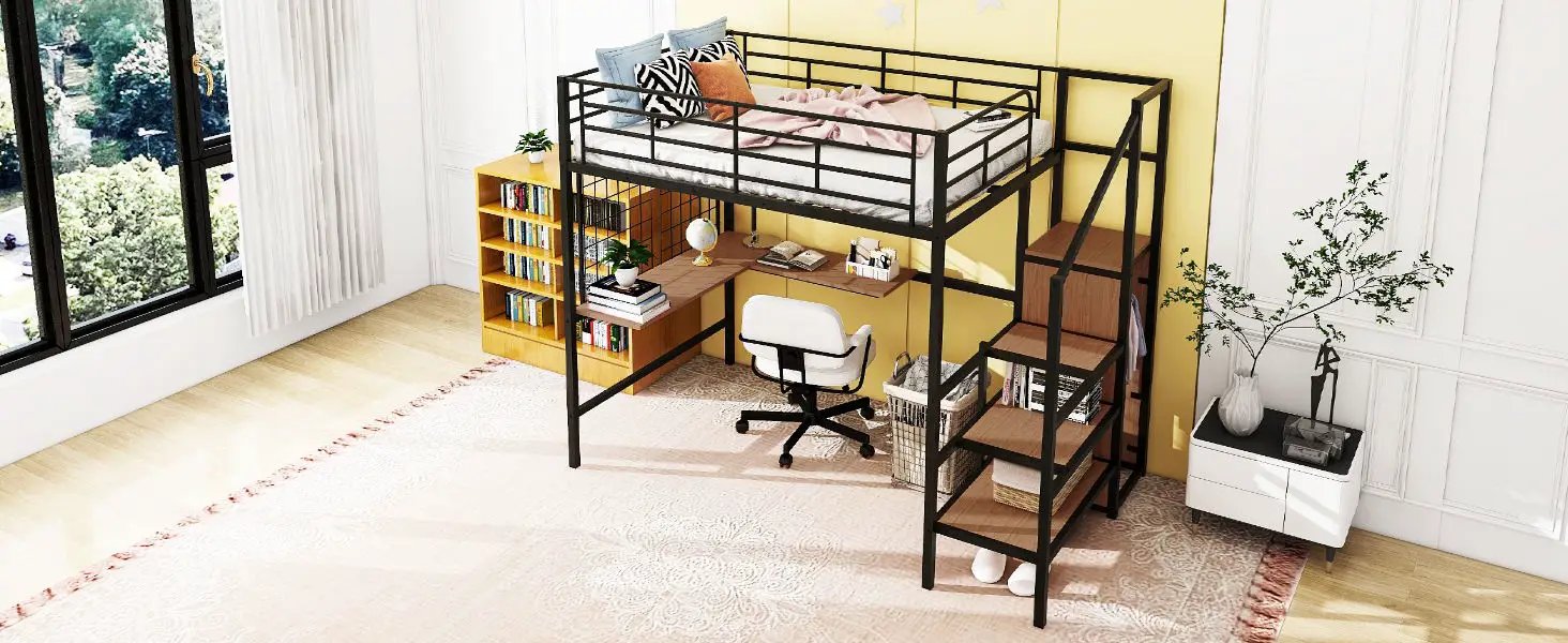 Loft Bed With Desk And Grid, Stylish Frame With Lateral Storage Ladder And Wardrobe by HouseOfZazla