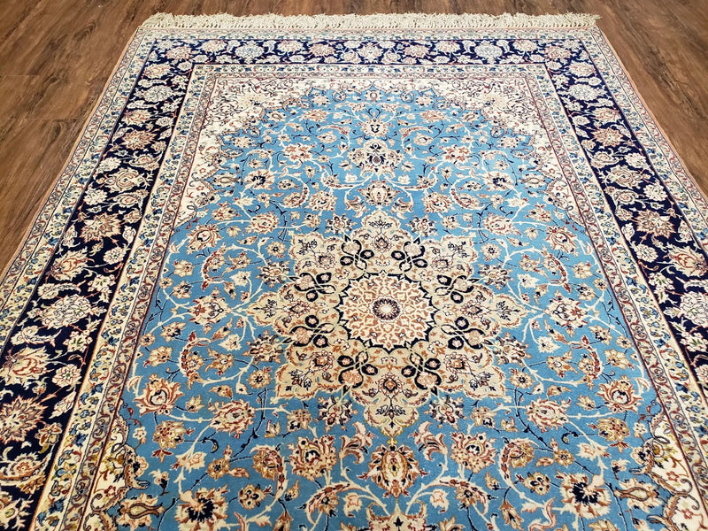 Persian Isfahan Rug, Kork Wool on Silk Foundation, Sky Blue, Hand-Knotted, 5' 1" x 7' 8" by Jewel Rugs