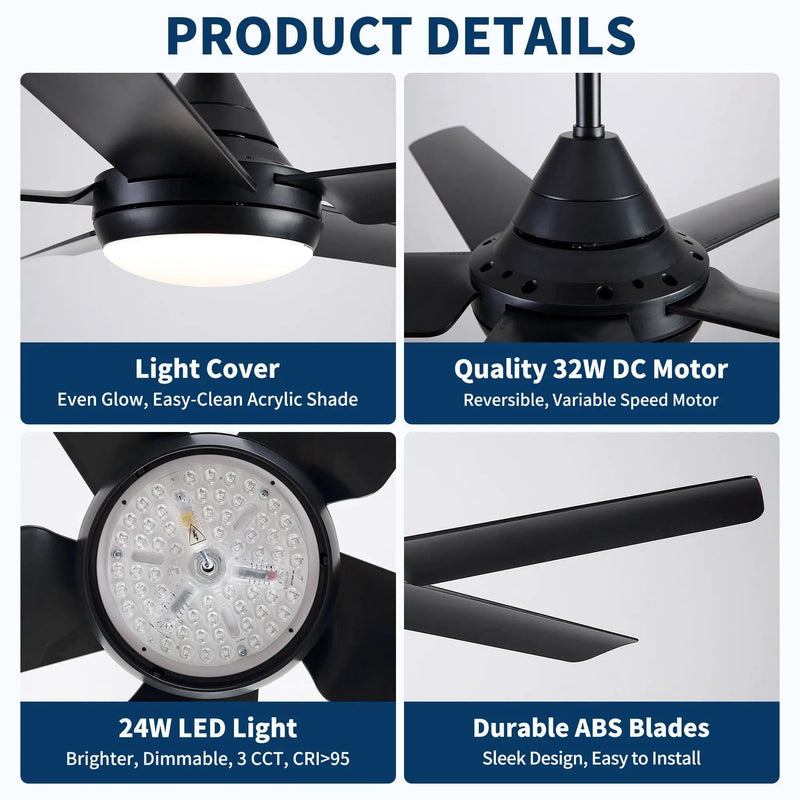 Ceiling Fan With Lights And Remote Control, Reversible DC Motor, 6 Speeds, 3 Cct Dimmable LED, Quiet Timer For Indoor - Black by HouseOfZazla