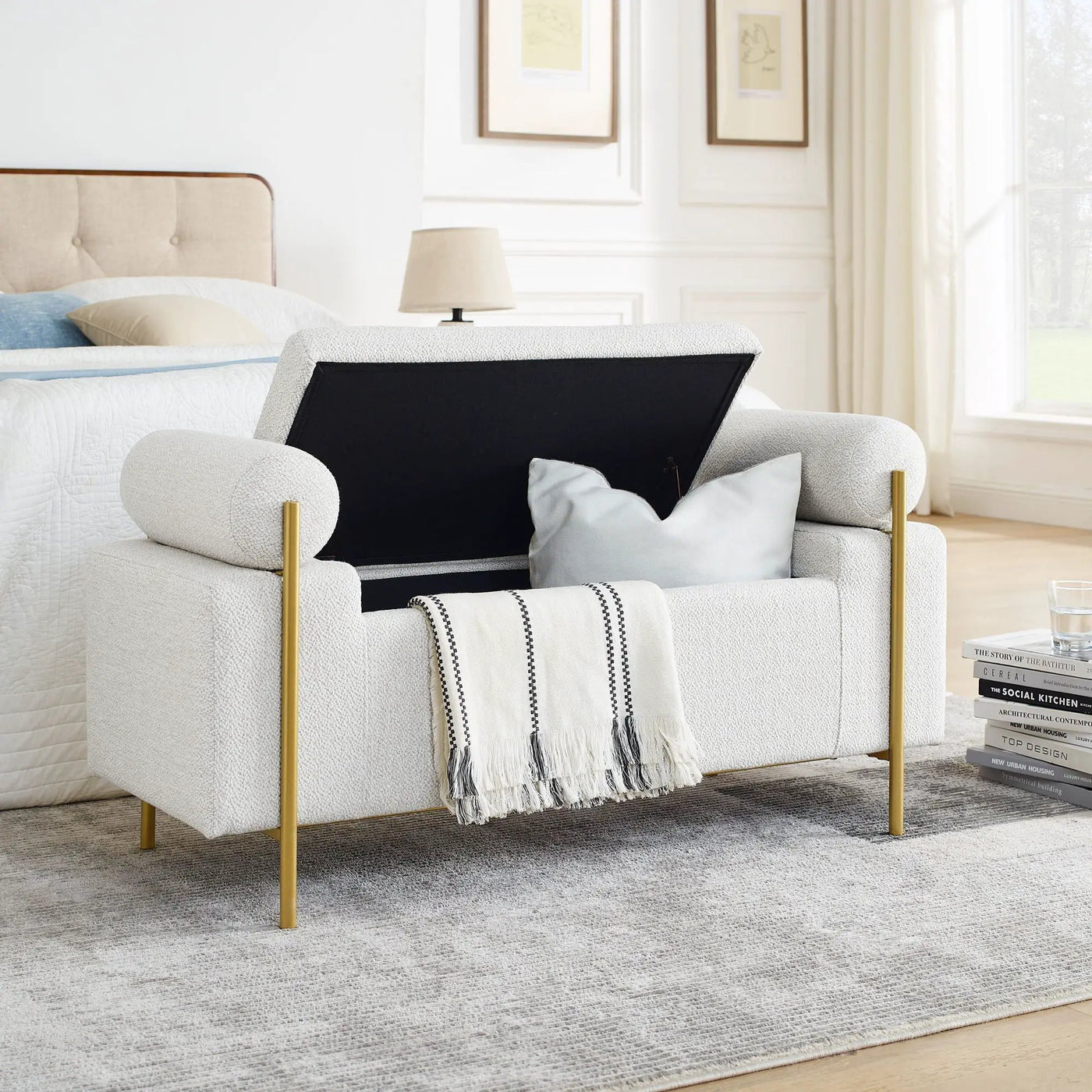 Elegant Upholstered Storage Bench With Cylindrical Arms And Iron Legs, by HouseOfZazla