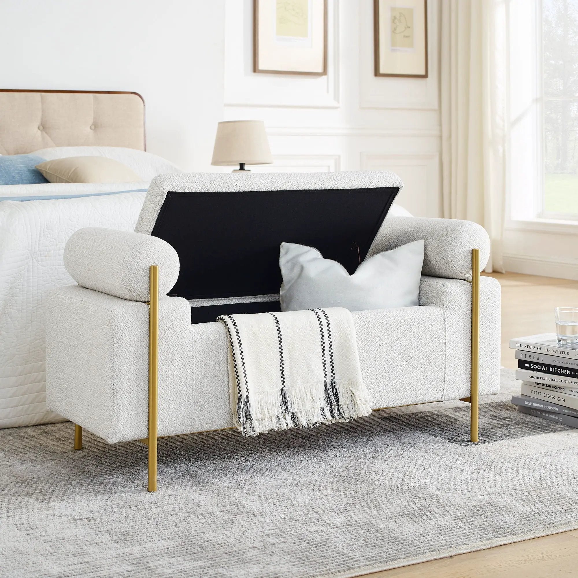 Elegant Upholstered Storage Bench With Cylindrical Arms And Iron Legs, by Unique Piece Furniture