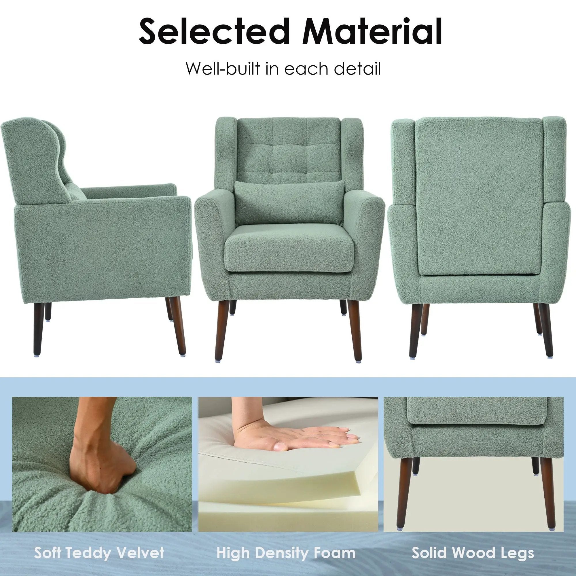 Modern Accent Chair, Teddy Fabric Living Room Chairs Comfy Reading Chair, Mid Century Accent Chair, Lounge Arm Chairs Armchair For Living Room Bedroom - Light Green by HouseOfZazla