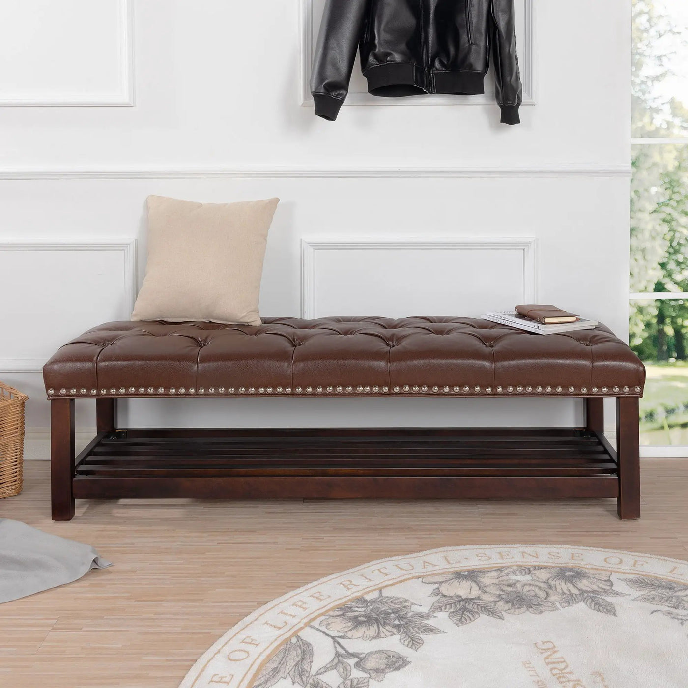 Bedroom End Of Bed Bench Tufted Upholstered End Of Bed Bench End Of Bed Entrance Shoe Bench With Nailhead Trim And Shelf Bedroom Upholstered Bench Living Room Shoe Rack Footstool by Unique Piece Furniture