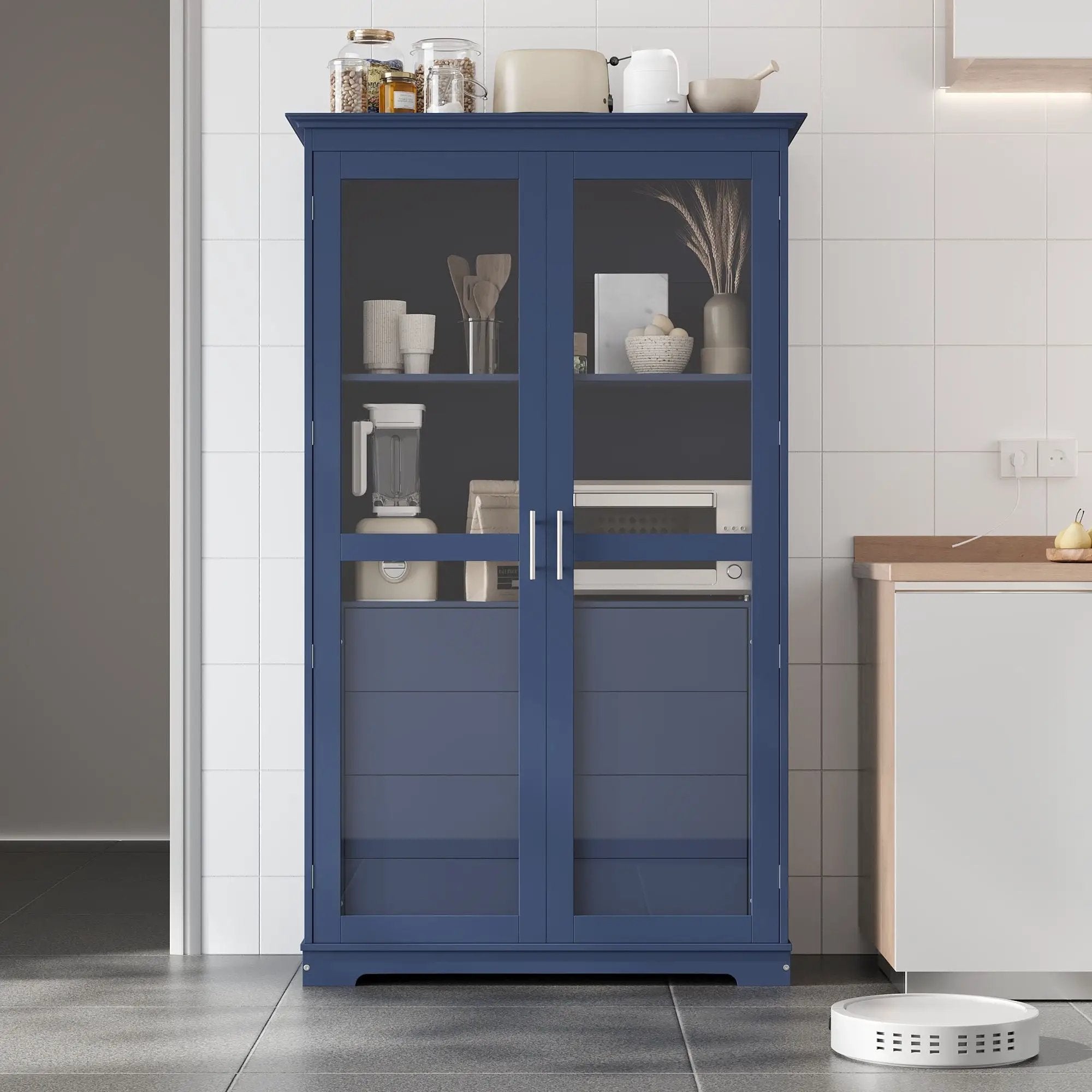 Kitchen Pantry, Freestanding Kitchen Storage Cabinet Display Cabinet With Glass Doors And 4 Built In Drawers For Living Room, Home Office - Blue by HouseOfZazla