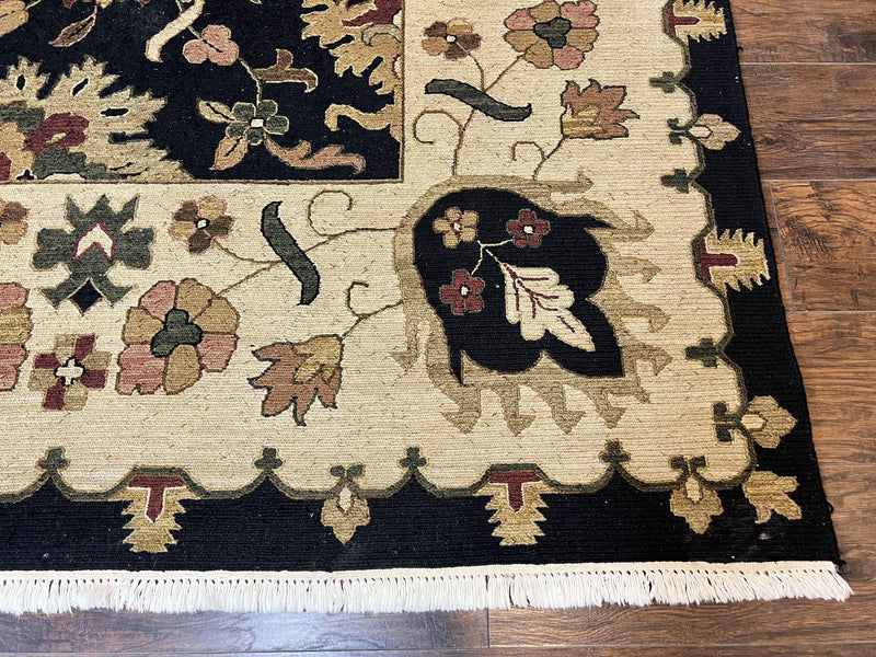 Indo Persian Rug 10x14, Wool Handmade Room Sized Floral Oriental Carpet, Indian Mahal Flatweave Rug, Black Beige by Jewel Rugs