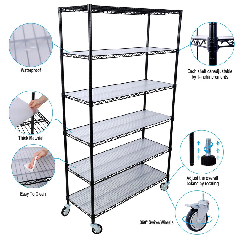 6 Tier 6000Lbs Capacity Nsf Metal Shelf Wire Shelving Unit, Heavy Duty Adjustable Storage Rack With Wheels & Shelf Liners For Commercial Grade Utility Steel Storage Rack by Unique Piece Furniture