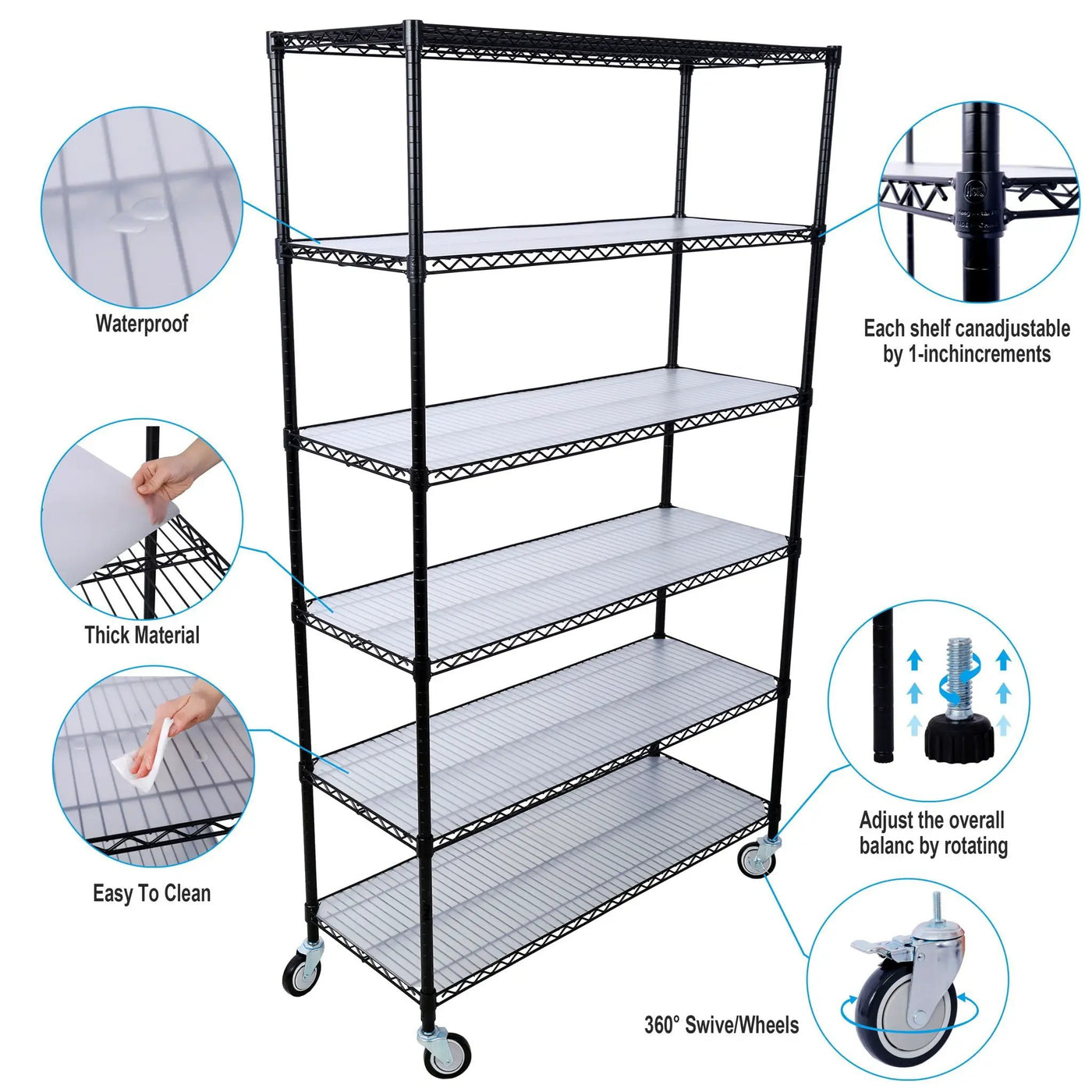 6 Tier 6000Lbs Capacity Nsf Metal Shelf Wire Shelving Unit, Heavy Duty Adjustable Storage Rack With Wheels & Shelf Liners For Commercial Grade Utility Steel Storage Rack by Unique Piece Furniture