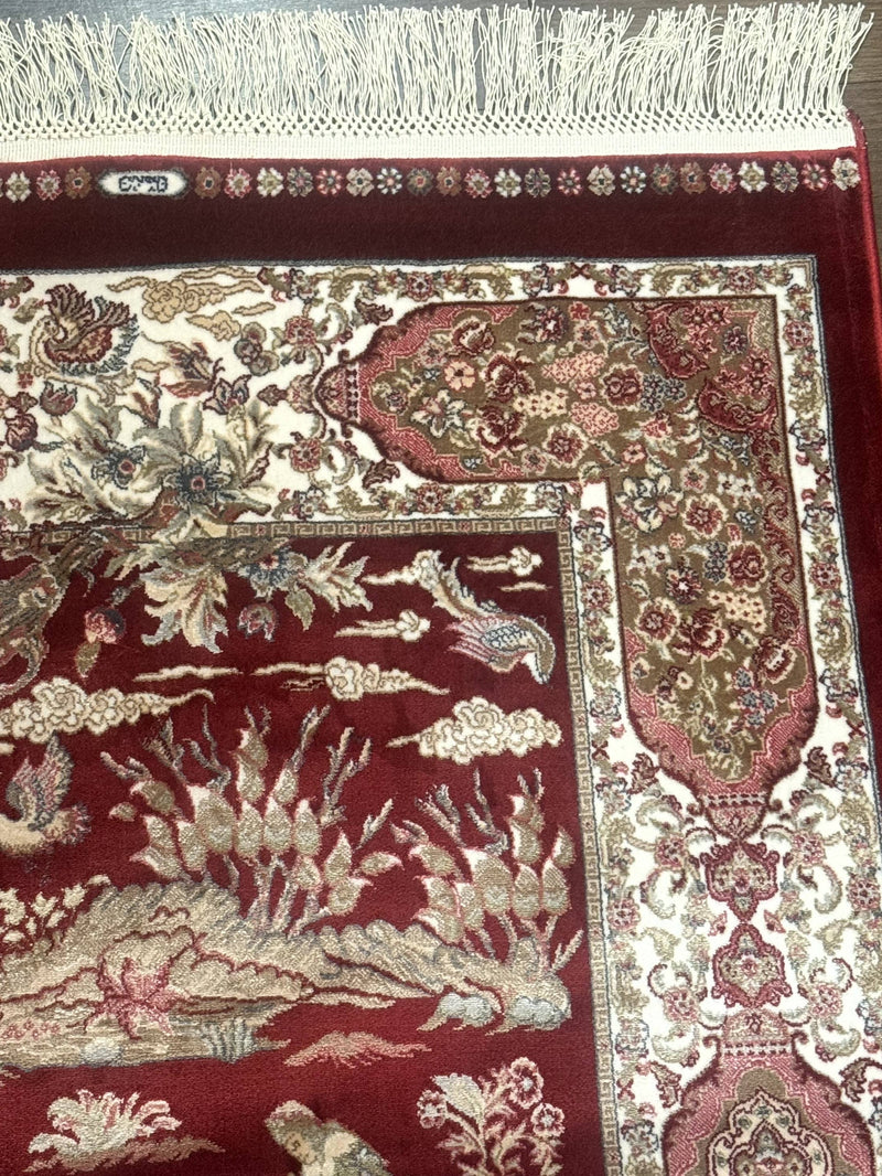 Turkish Silk Rug 2.6 x 6.7, Hunting Design, Short Runner Rug, Red & Ivory, Bamboo Silk, New by Jewel Rugs