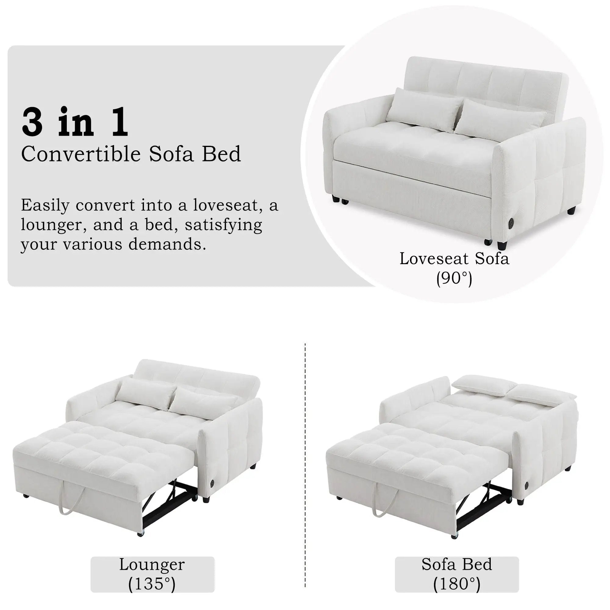 Loveseat Sofa Pull-Out Bed With Adjustable Backrest, 3 USB Ports And 2 Lumbar Pillows For Living Room by HouseOfZazla