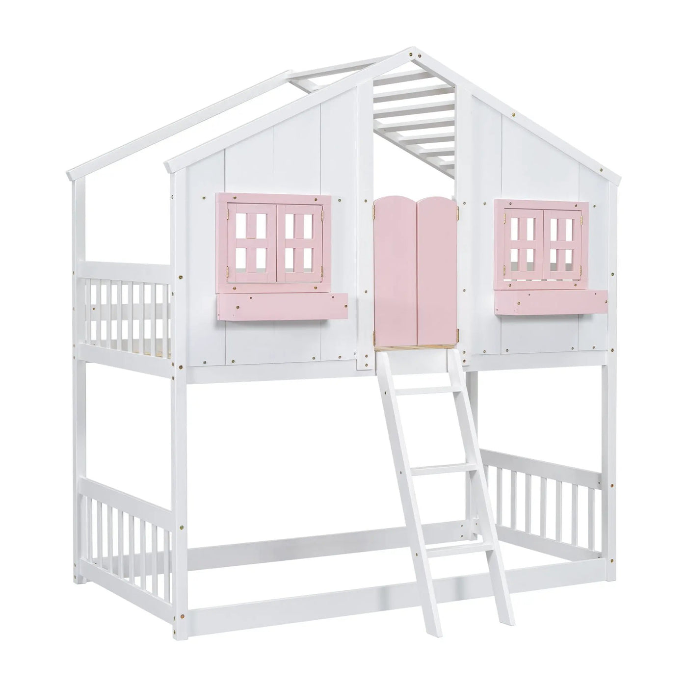 House Bunk Bed With Roof, Window, Window Box, Door, With Safety Guardrails And Ladder by HouseOfZazla