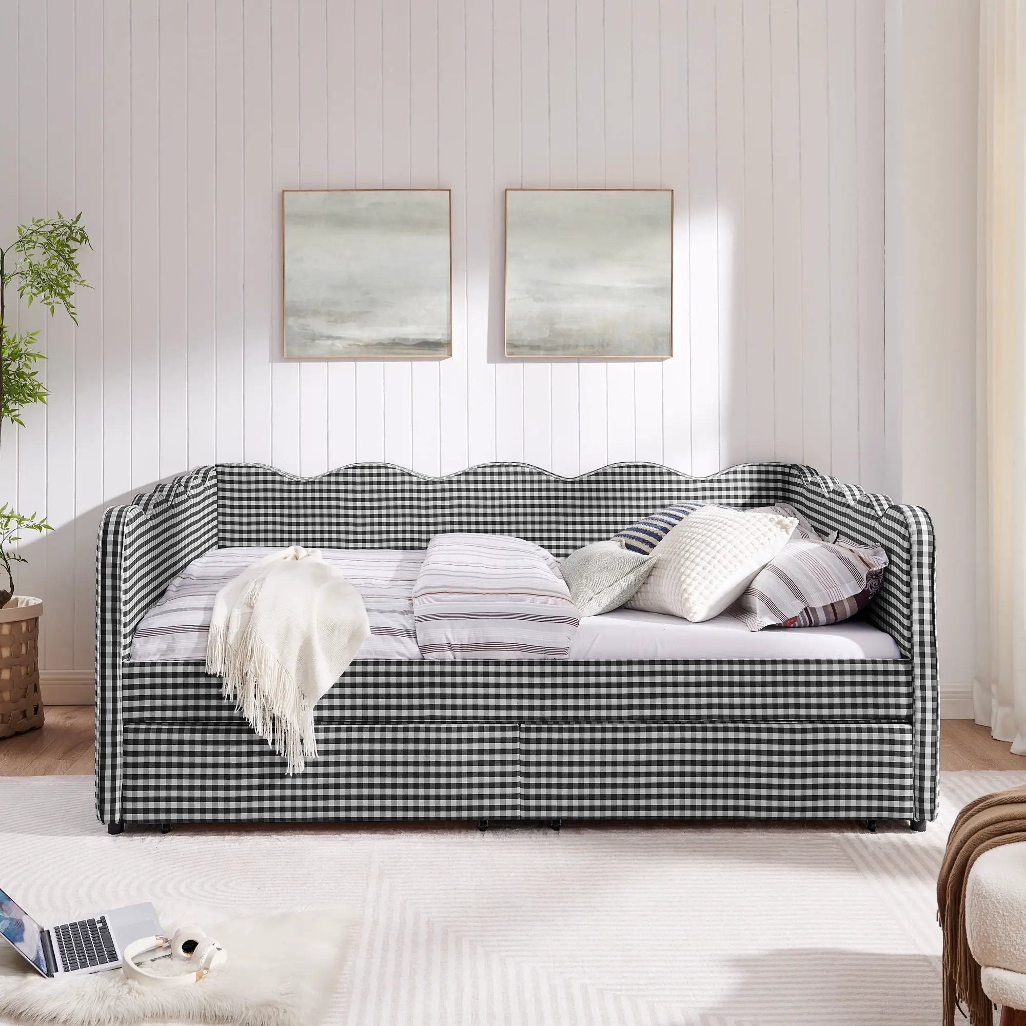 Gingham Daybed With USB Charging Port, Wave-Shaped Design by HouseOfZazla