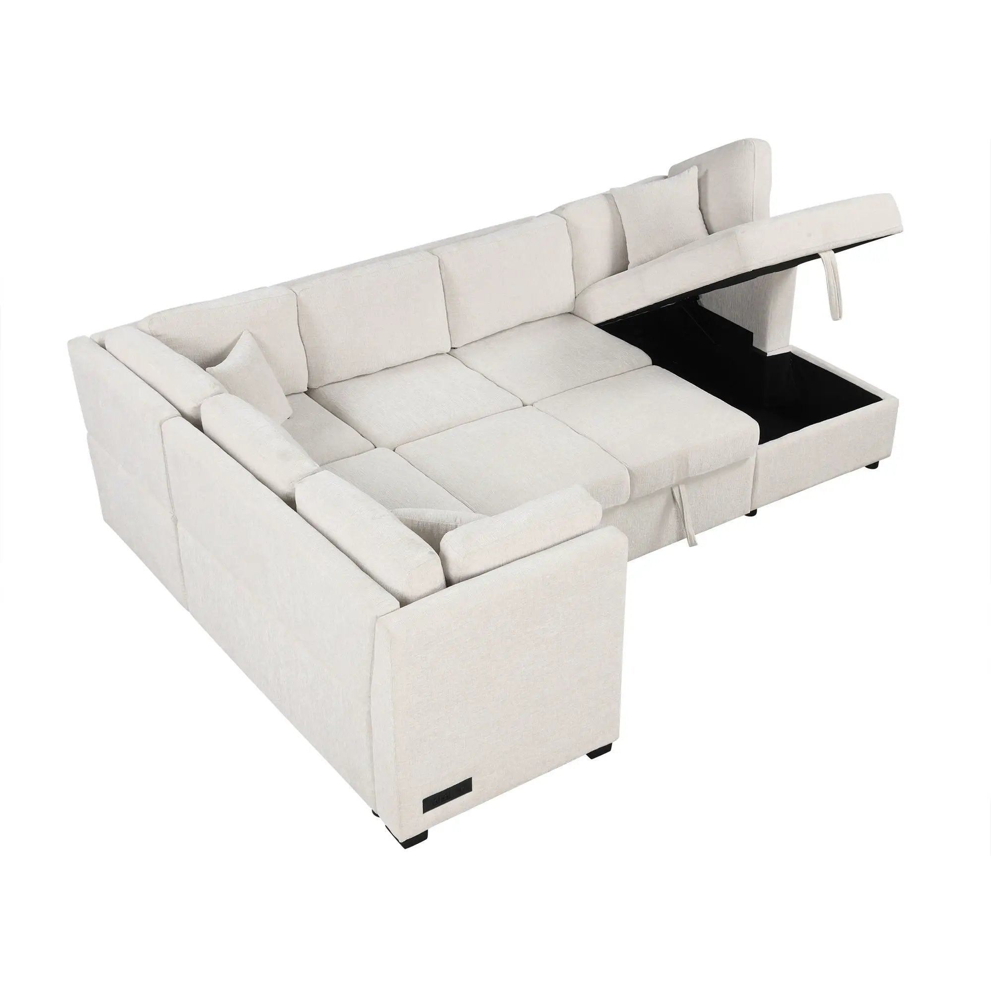 U-Shaped Sectional Sofa Pull Out Sofa Bed With Two USB Ports, Two Power Sockets, Three Back Pillows And A Storage Chaise For Living Room by HouseOfZazla
