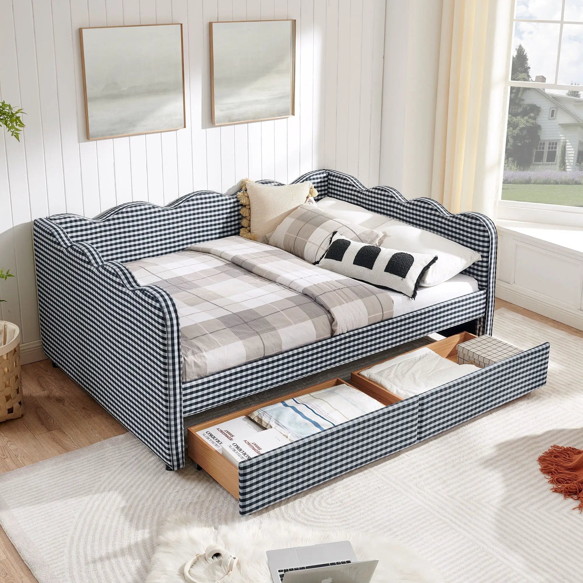 Gingham Daybed With USB Charging Port, Wave-Shaped Design by Unique Piece Furniture