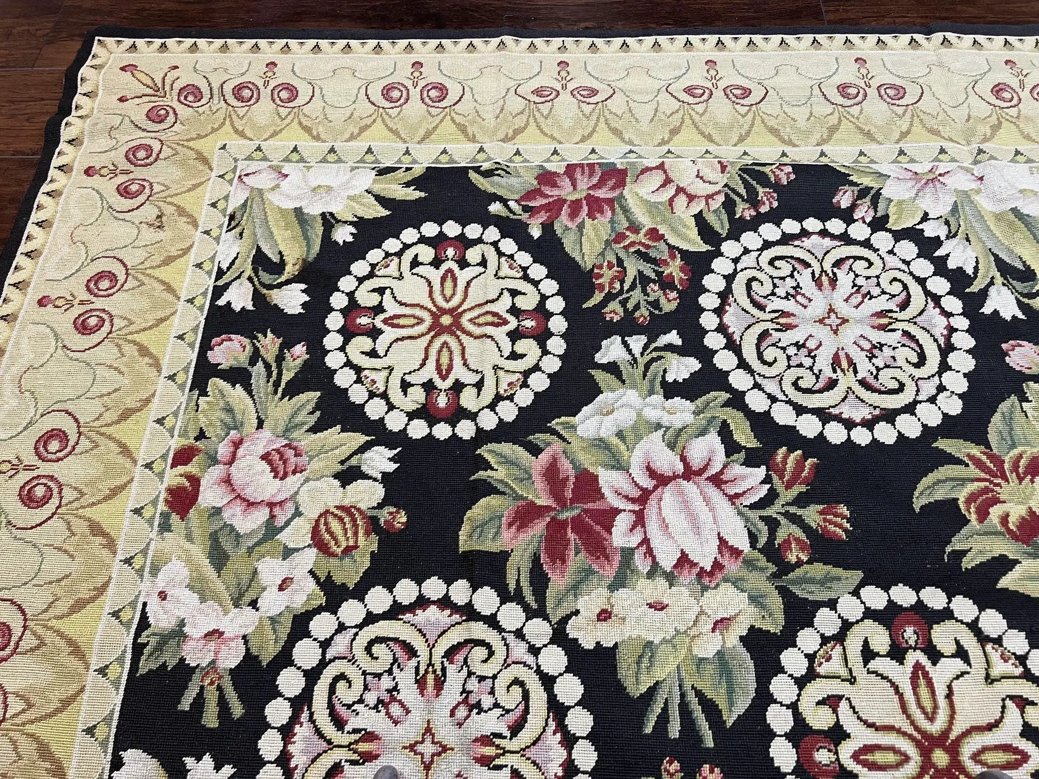 9x12 Black Needlepoint Rug, European Floral Panel Design, Handwoven, Vintage Chinese Needlepoint, Black Green Beige, Wool Rug 9 x 12 by Jewel Rugs