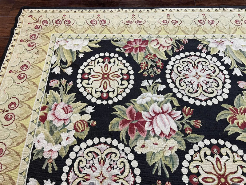 9x12 Black Needlepoint Rug, European Floral Panel Design, Handwoven, Vintage Chinese Needlepoint, Black Green Beige, Wool Rug 9 x 12 by Jewel Rugs