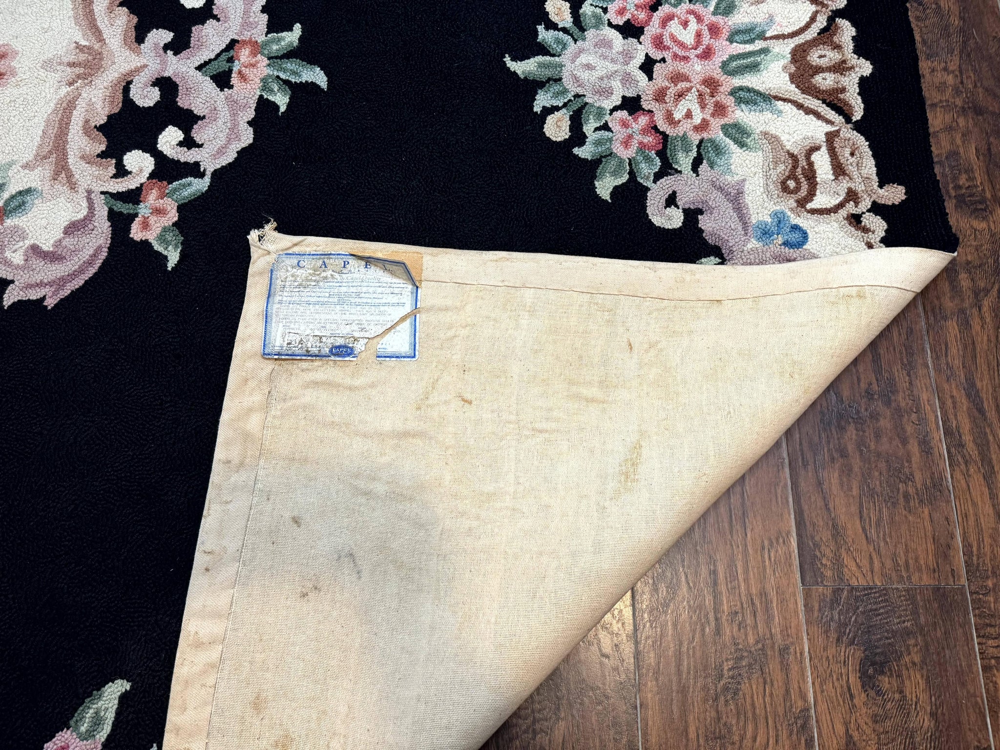 Aubusson Rug 8x11, Black and Ivory, Hooked Rug, Vintage, Wool by Jewel Rugs