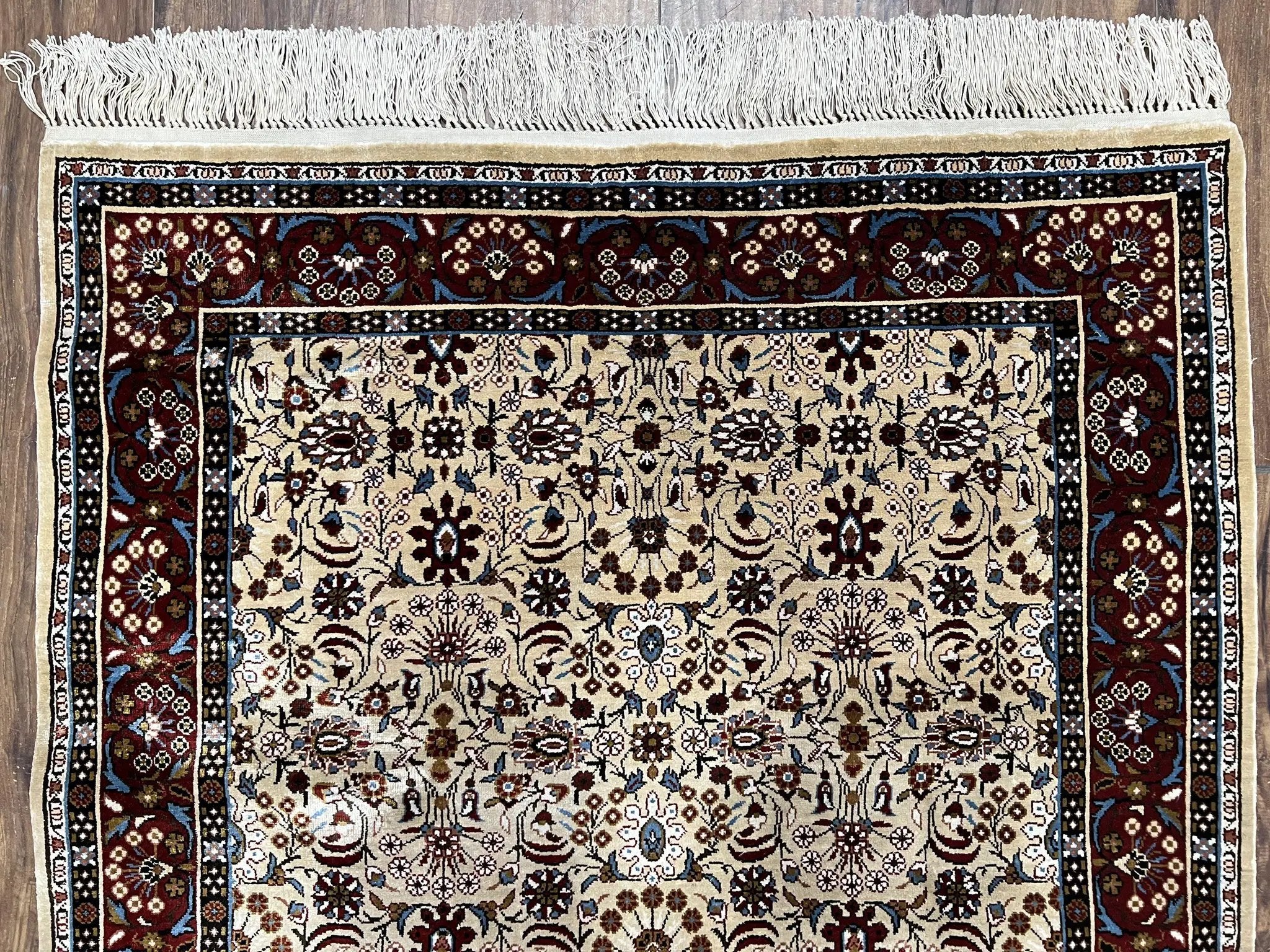 Fine Sino-Persian Silk Rug 3x5, High Quality Silk Carpet, Handmade Small Silk Rug, Allover Repeated Motif, Tan Maroon Blue Vintage Silk Rug by Jewel Rugs