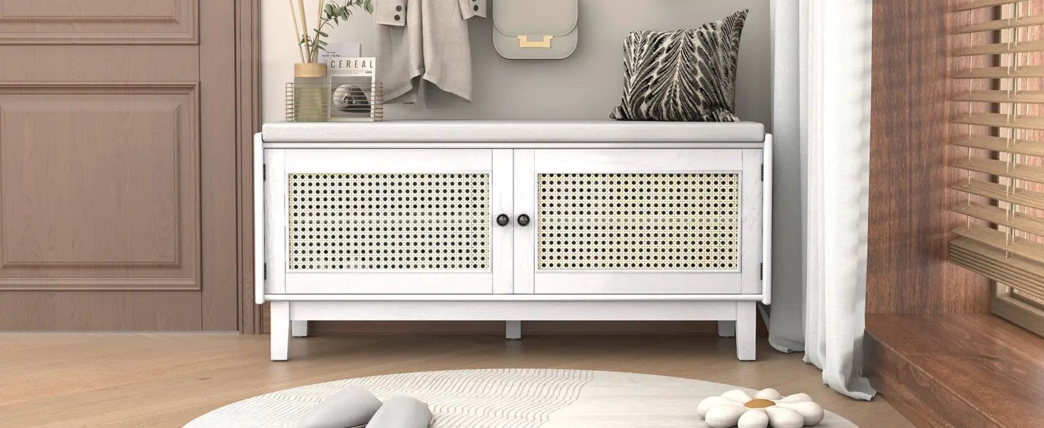 TREXM Boho Rattan Entryway Bench with Storage by HouseOfZazla