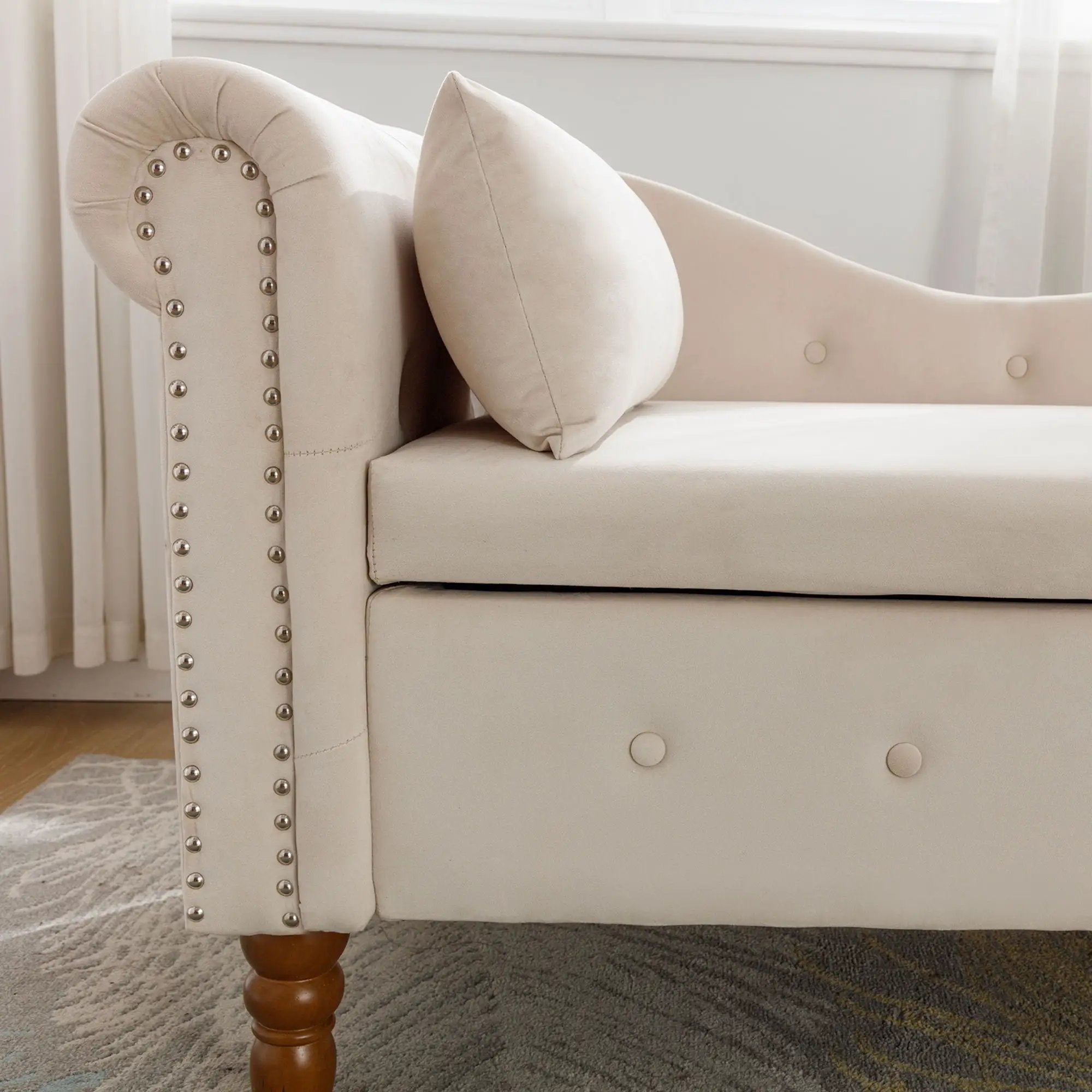 Chaise Lounge Indoor, Lounge Chair For Bedroom With Storage & Pillow, Modern Upholstered Rolled Arm Chase Lounge For Sleeping With Nailhead Trim For Living Room Bedroom Office by HouseOfZazla