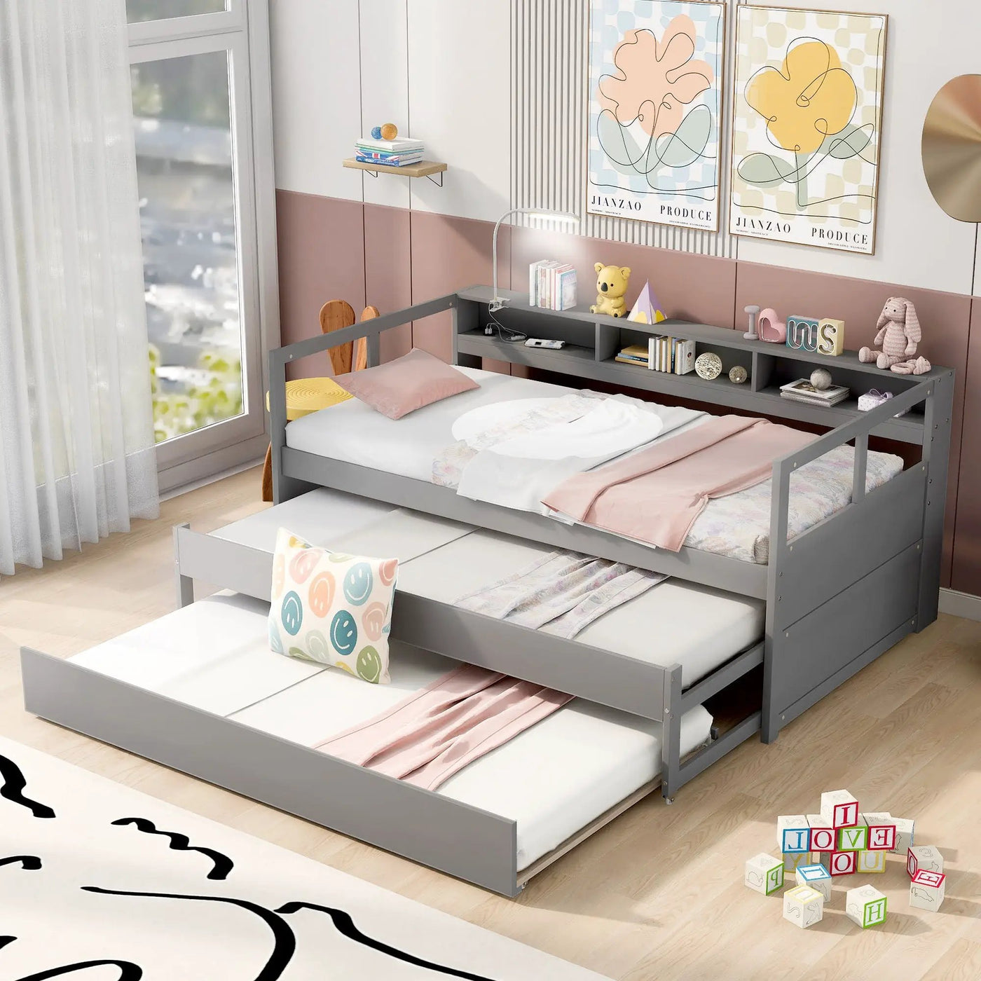 Daybed With 2 Trundles, 3 Storage Cubbies, Built In USB Charging Light by Unique Piece Furniture