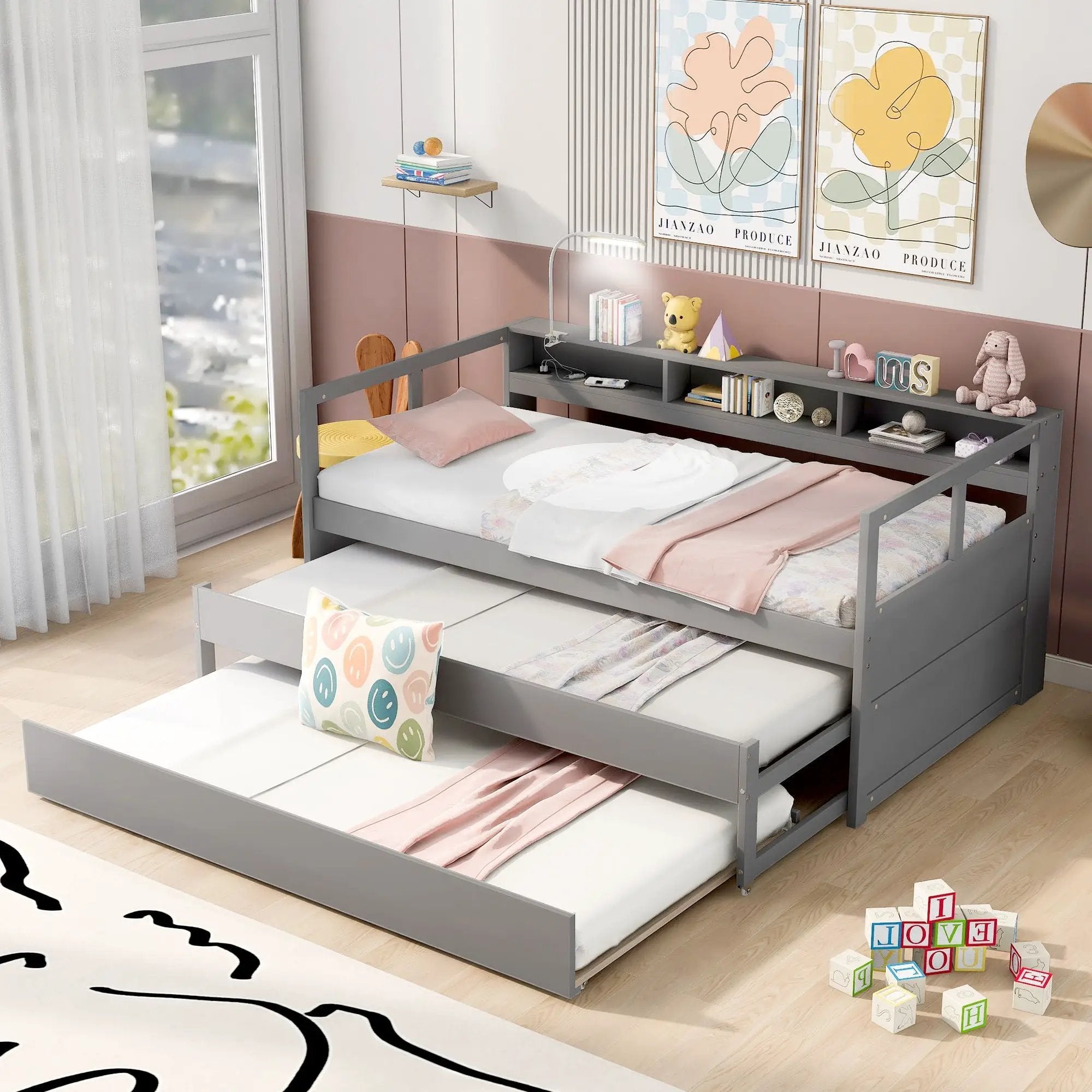 Daybed With 2 Trundles, 3 Storage Cubbies, Built In USB Charging Light by Unique Piece Furniture