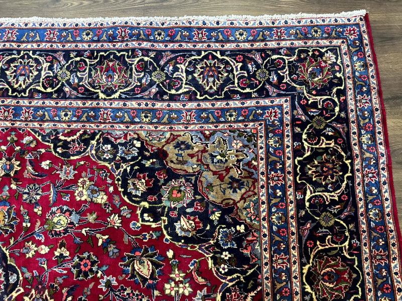 Traditional Persian Rug 8x11, Red Navy Blue, Floral Medallion, Antique Persian Mashad Carpet, Wool by Jewel Rugs