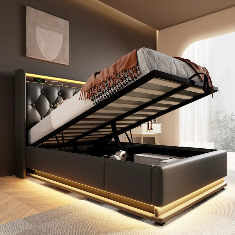 Upholstered Bed, 360 Surround LED Function, Remote Control, Hydraulic Storage Bed With USB, Type-C Charging (Without Mattress) by HouseOfZazla