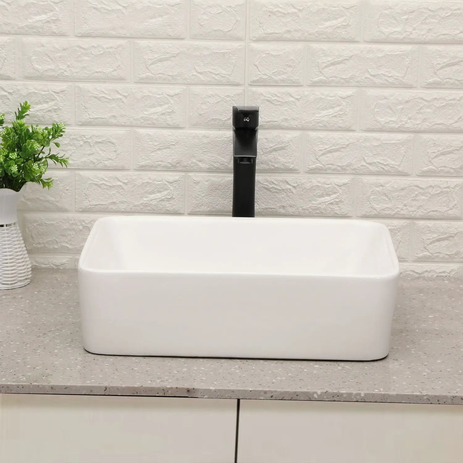 19" 5" Bathroom Sink Combo Rectangular Vessel Vanity Set With Faucet Drop In Ready Ceramic Basin - White / Black by HouseOfZazla