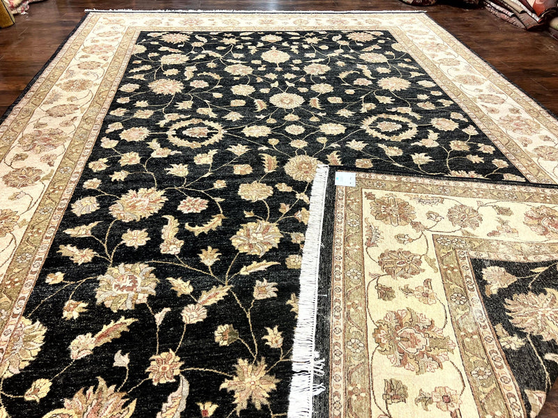 Indo Persian Rug 10x14, Charcoal and Beige, Floral Allover, Handmade Vintage Wool Carpet by Jewel Rugs