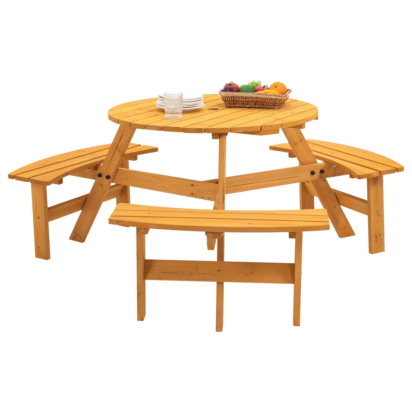 6 Person Circular Outdoor Wooden Picnic Table For Patio, Backyard, Garden, Diy With 3 Built-In Benches, 1720Lb Capacity by HouseOfZazla