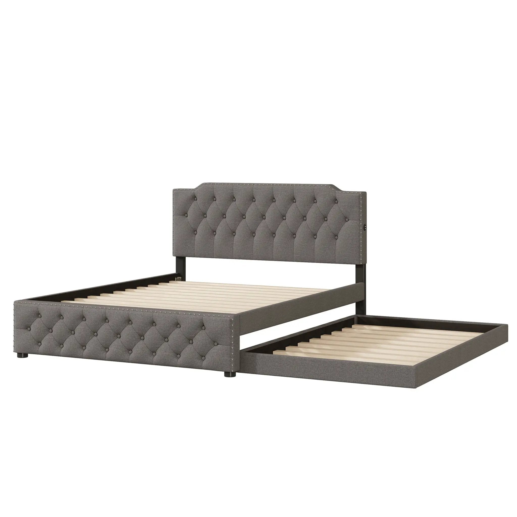 Upholstered Platform Bed With Trundle And 2 Sets Of USB Ports On Each Side, Fabric by HouseOfZazla