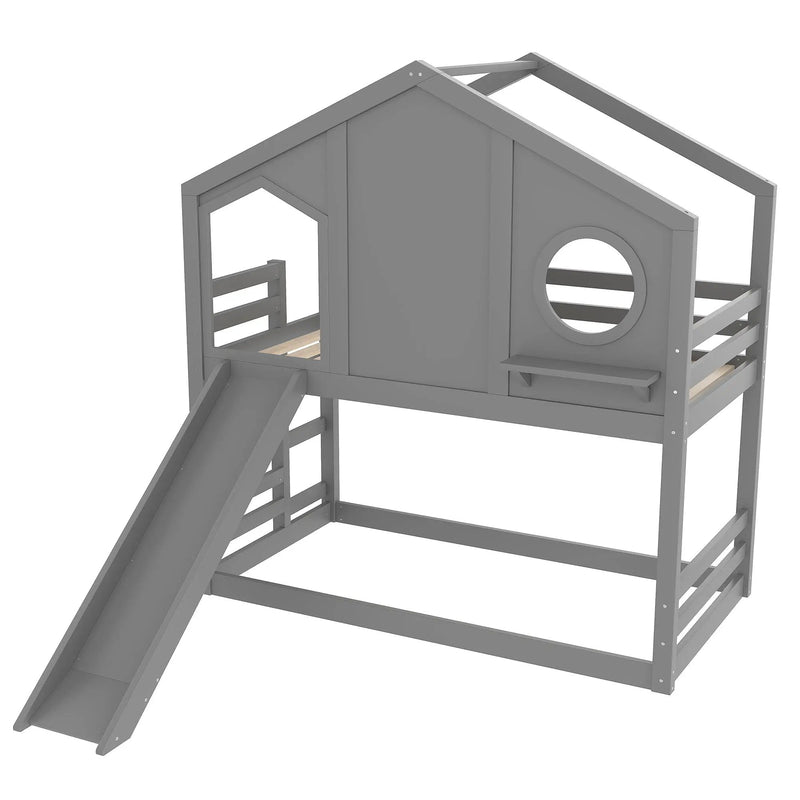 Twin House Bunk Bed with Slide and Storage Shelves by HouseOfZazla