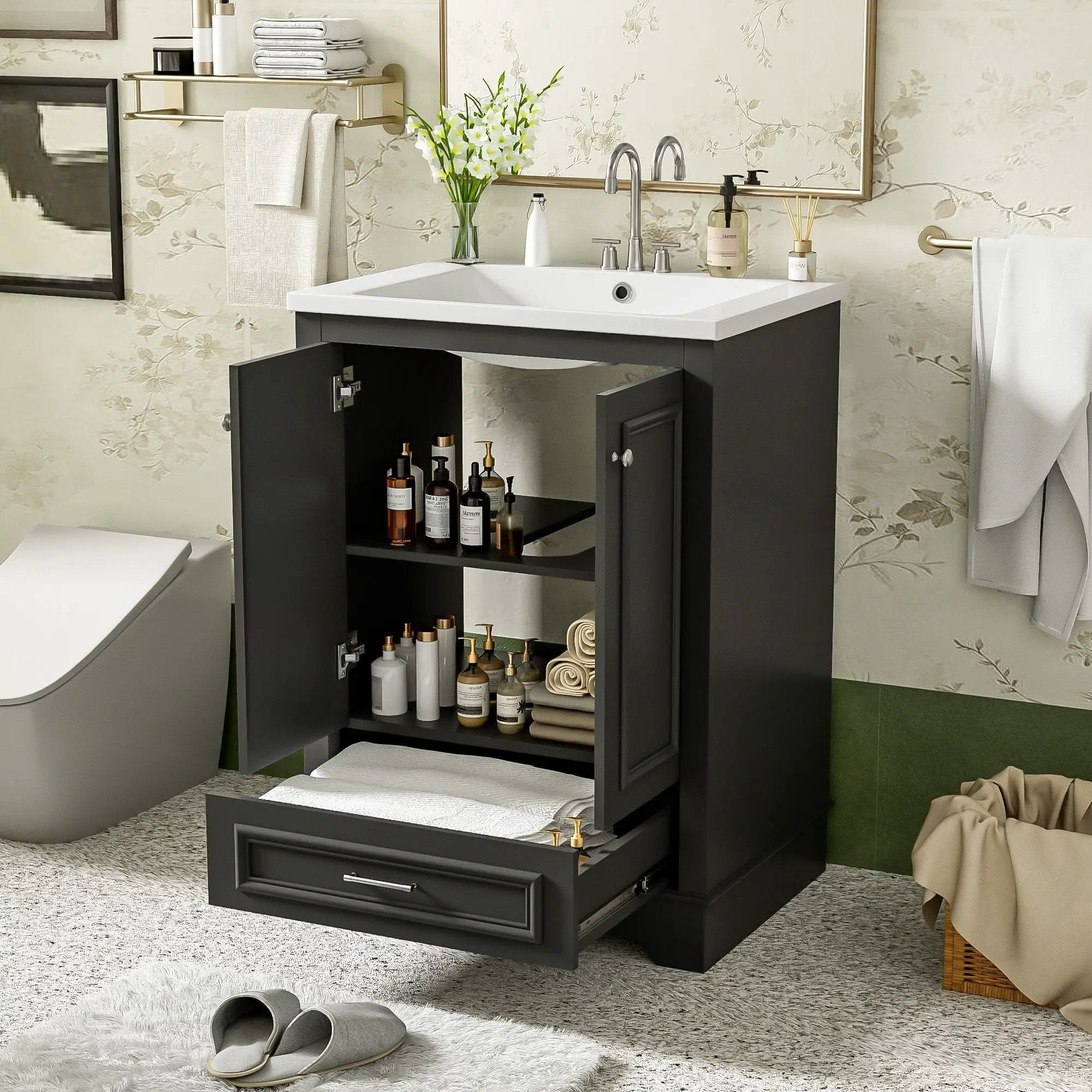 Bathroom Vanity With Ceramic Sink Combo, Modern Freestanding Storage Cabinet With Silver Handles by Unique Piece Furniture